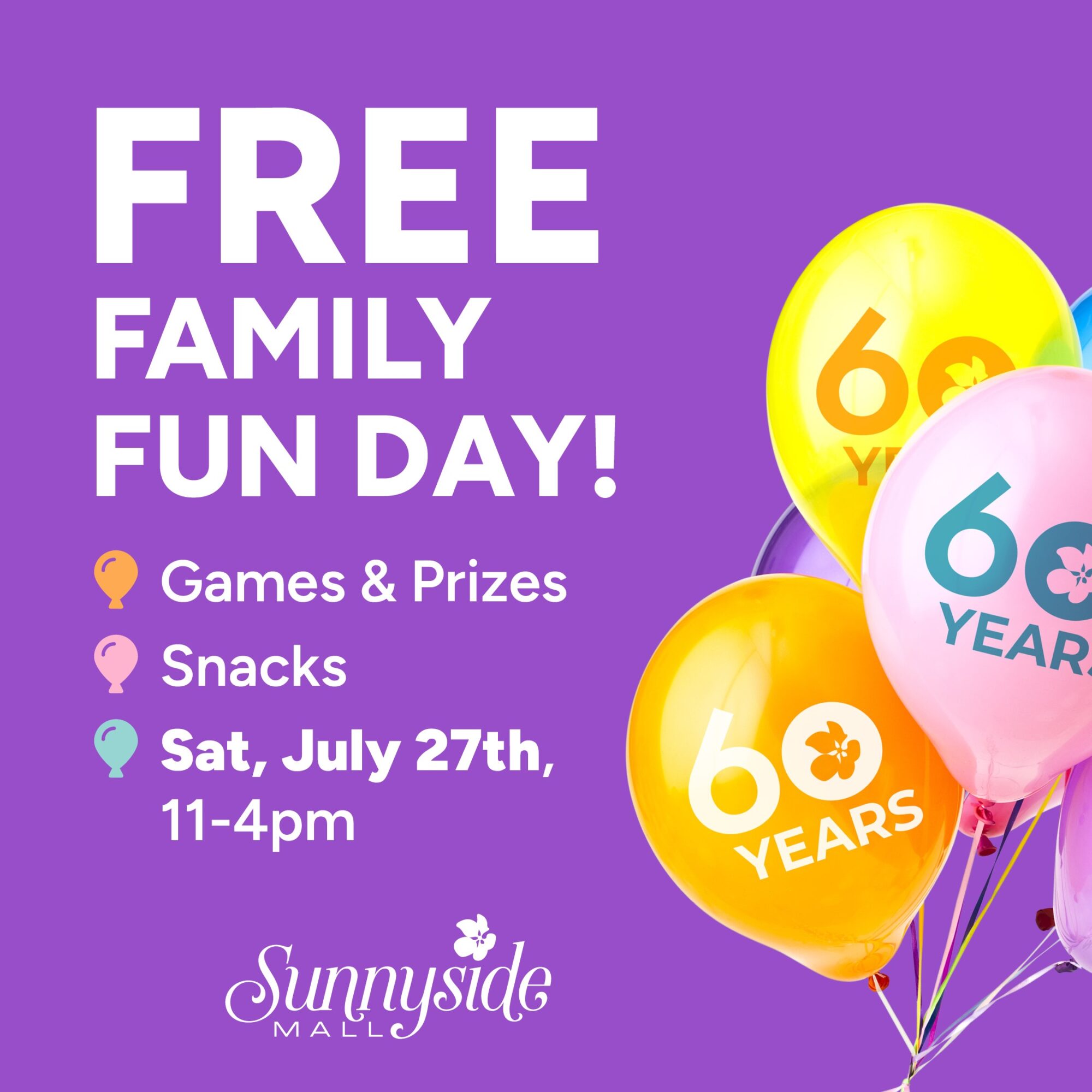 Comemore 60 anos na celebração de verão do Sunnyside Mall! Diversão